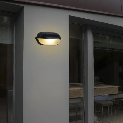 Lampada da parete per esterni ovale in vetro rigato nera, stile industriale navale