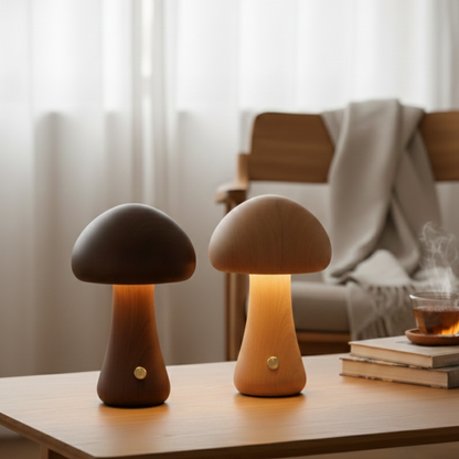 Lampada da tavolo a fungo in legno, ricaricabile senza fili LED da comodino