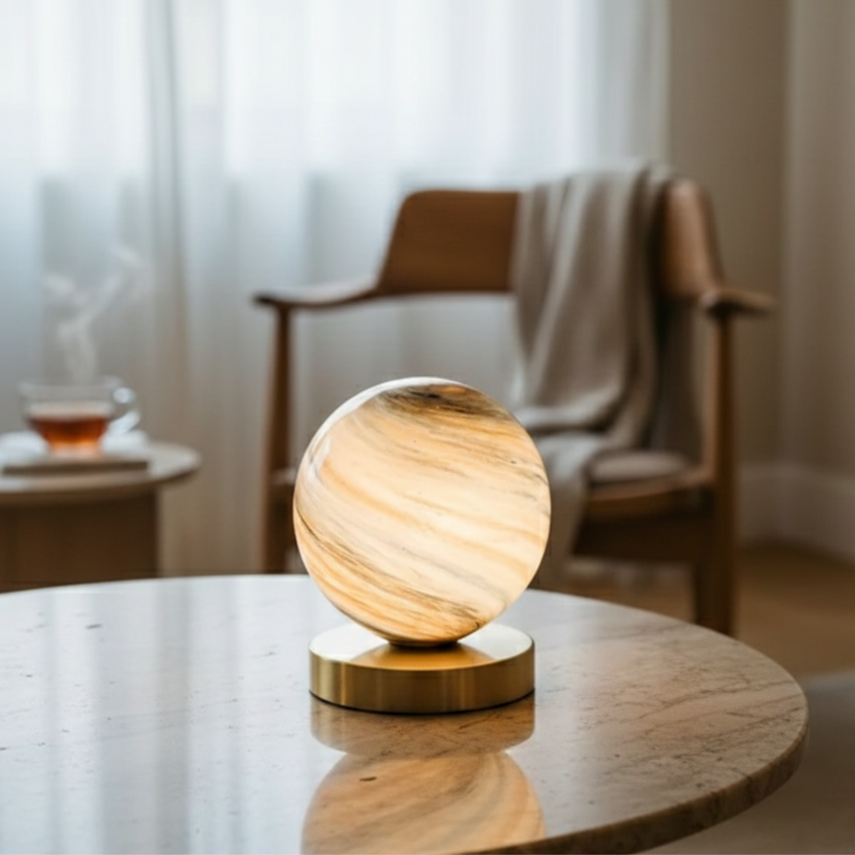 Lampada da tavolo a globo in vetro effetto pianeta, base in rame e LED bianco caldo da comodino