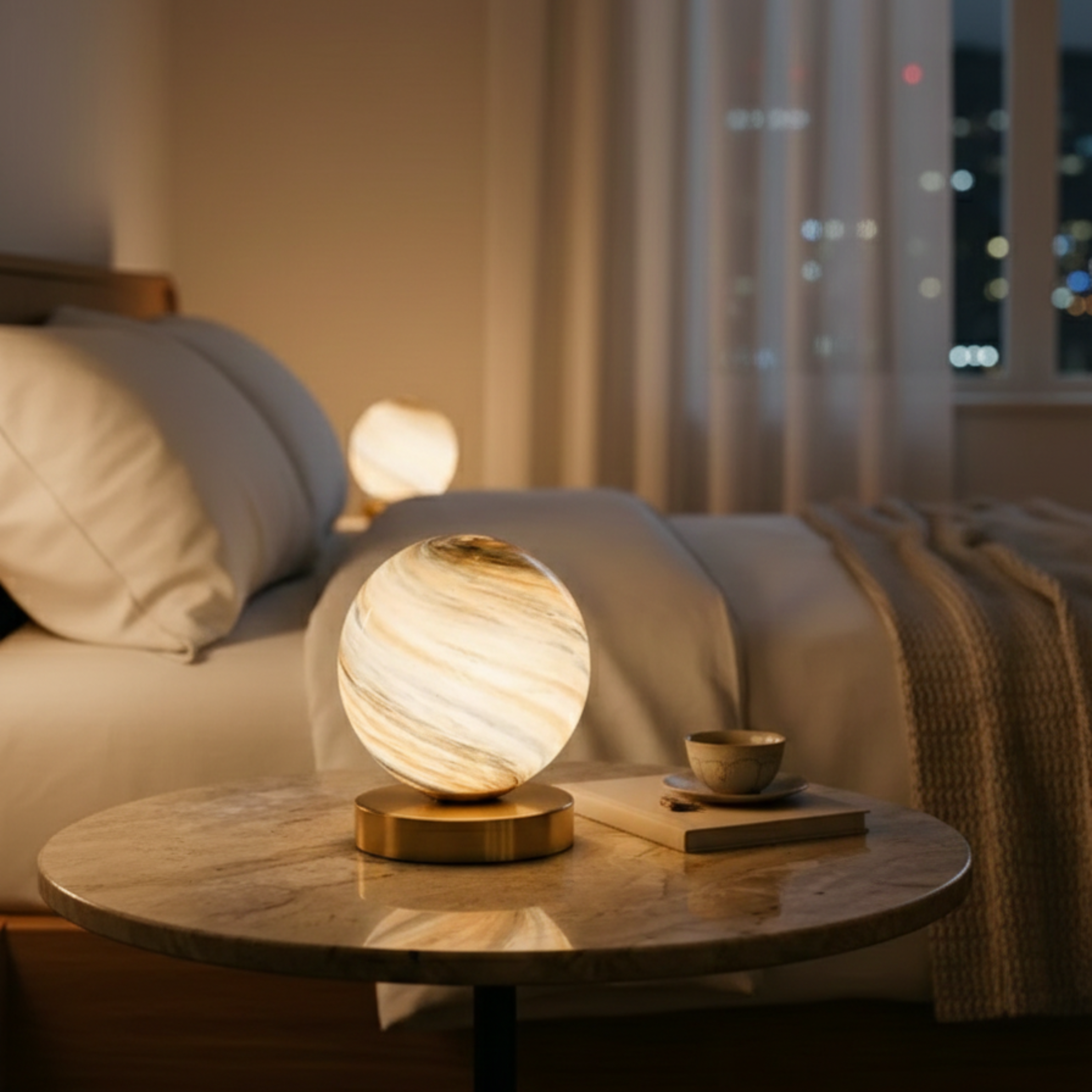 Lampada da tavolo a globo in vetro effetto pianeta, base in rame e LED bianco caldo da comodino