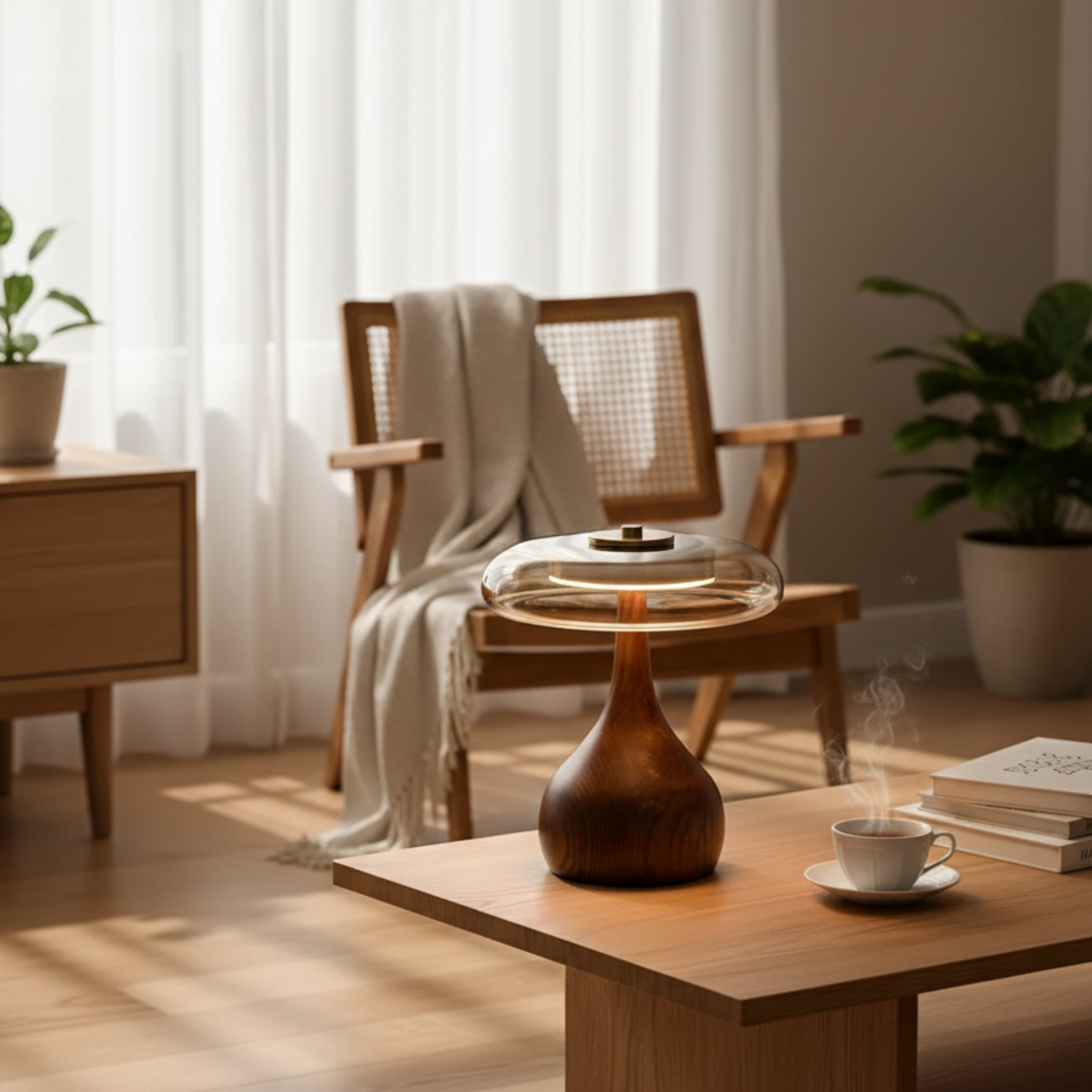 Lampada da tavolo in vetro con ottone e legno di frassino, base a goccia da comodino
