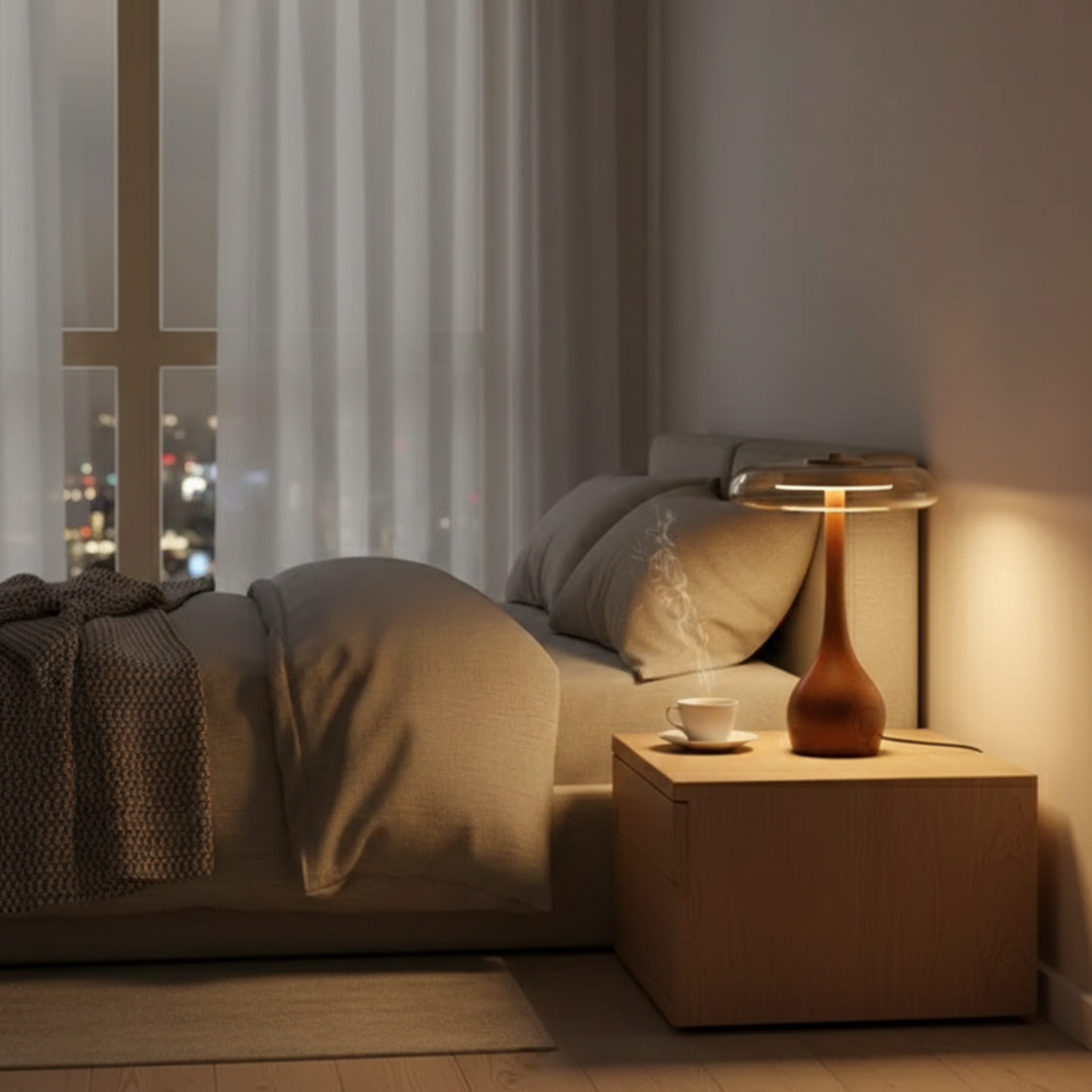 Lampada da tavolo in vetro con ottone e legno di frassino, base a goccia da comodino