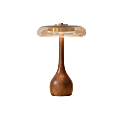 Lampada da tavolo in vetro con ottone e legno di frassino, base a goccia da comodino