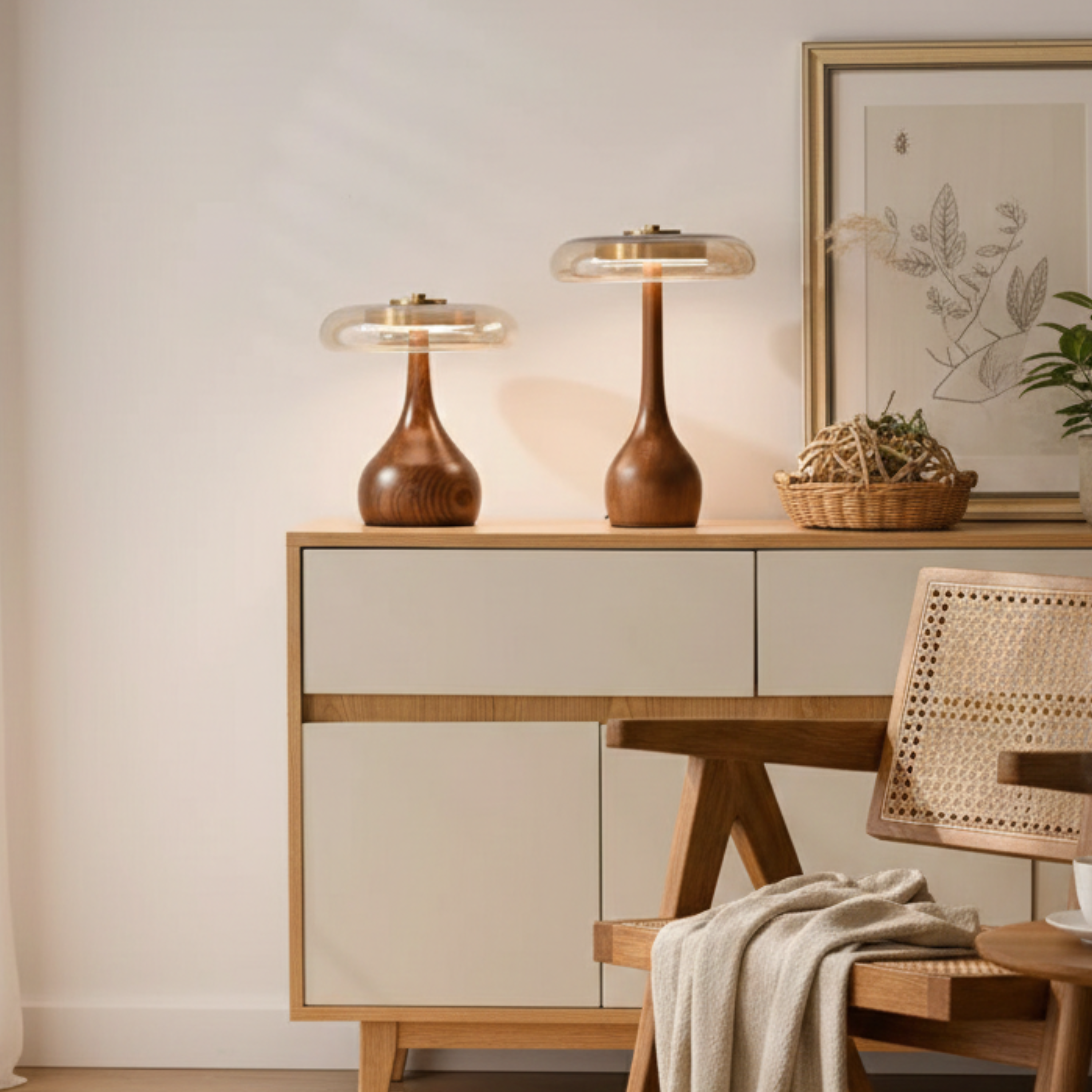 Lampada da tavolo in vetro con ottone e legno di frassino, base a goccia da comodino