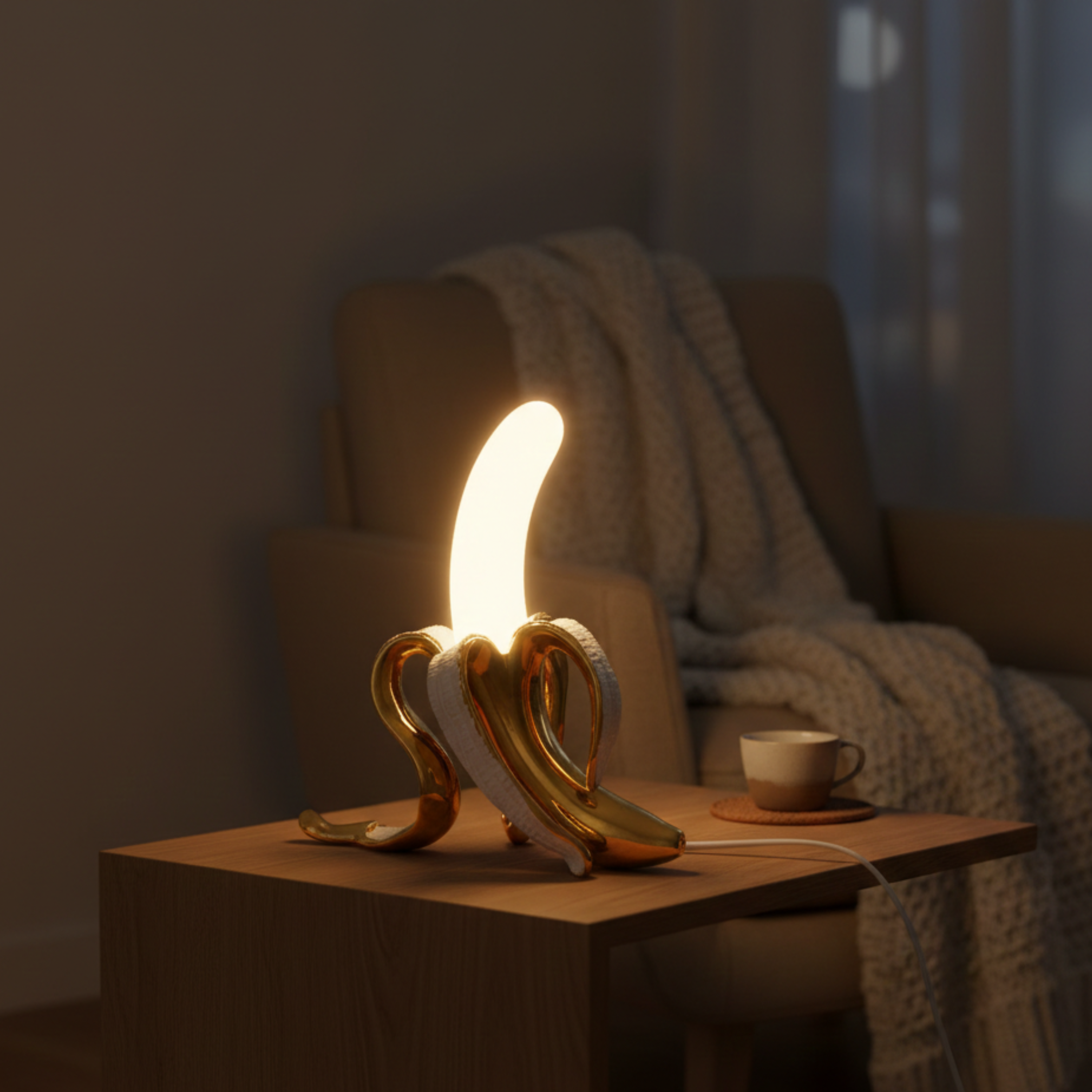 Lampada da tavolo LED a forma di banana effetto ottone, stile art deco