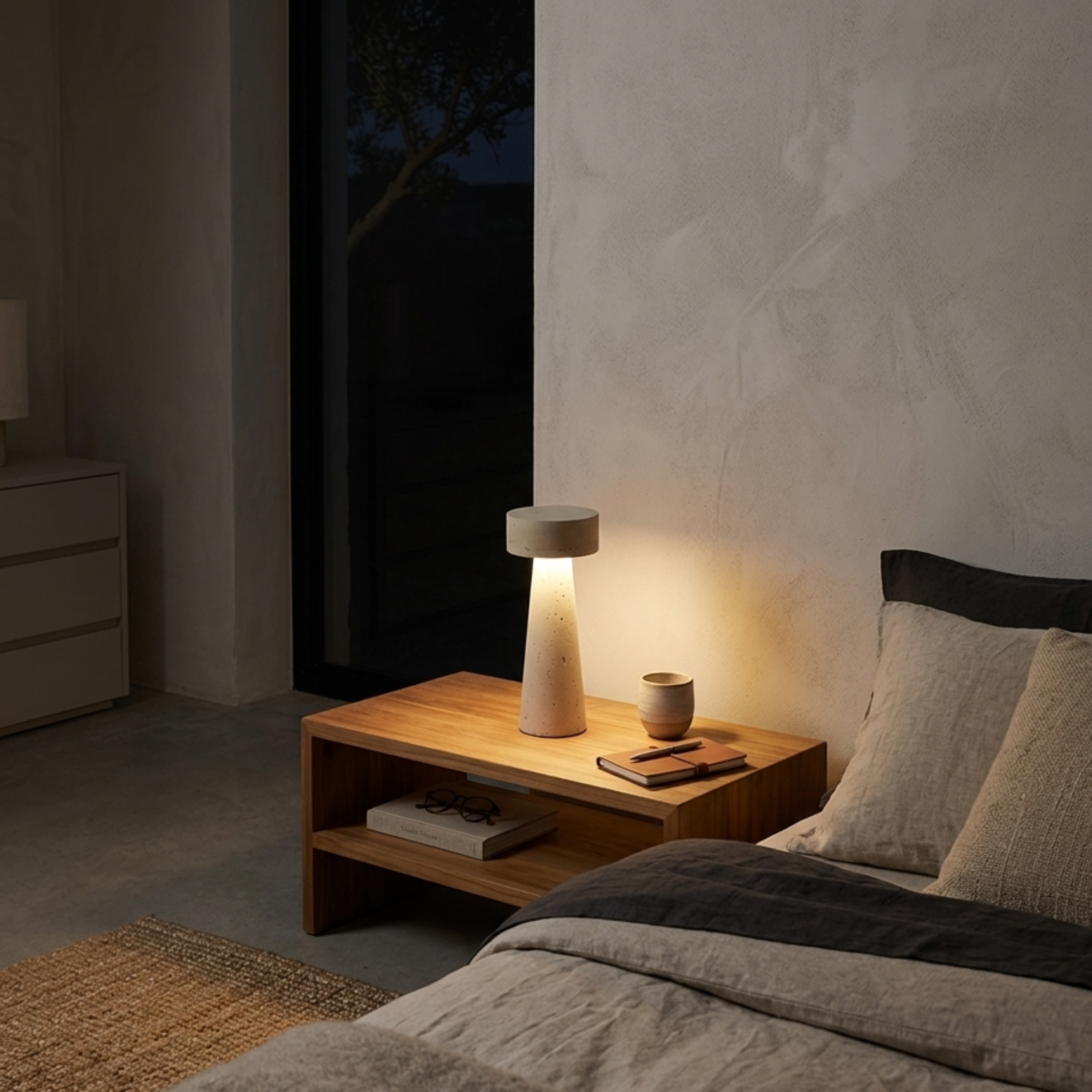 Lampada da tavolo LED a fungo in travertino, stile wabi sabi