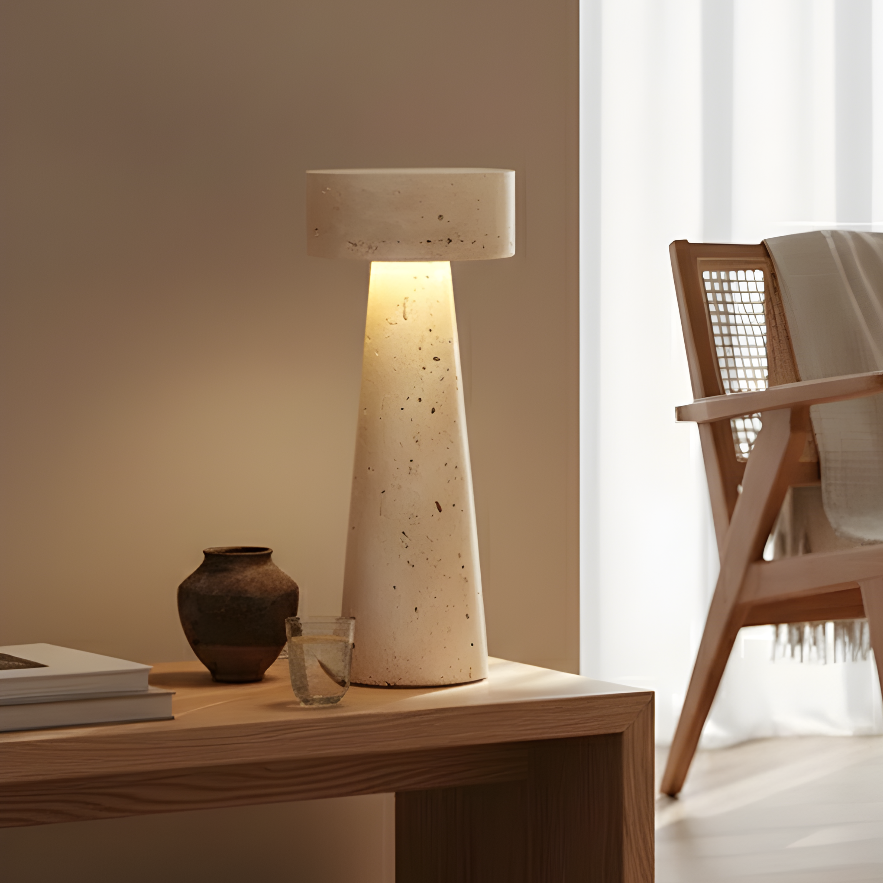 Lampada da tavolo LED a fungo in travertino, stile wabi sabi