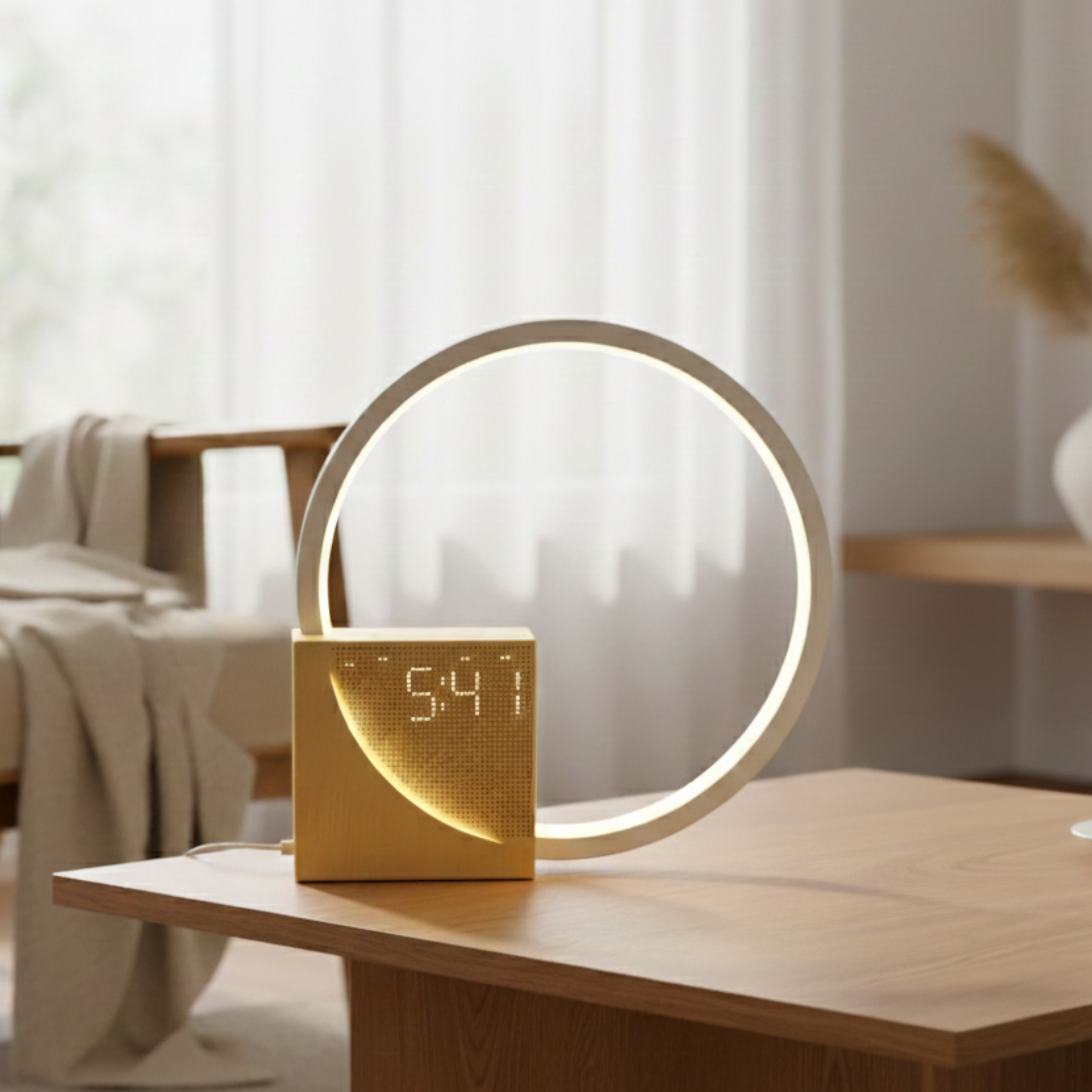 Lampada da tavolo LED ad anello in legno e alluminio con sveglia e controllo touch