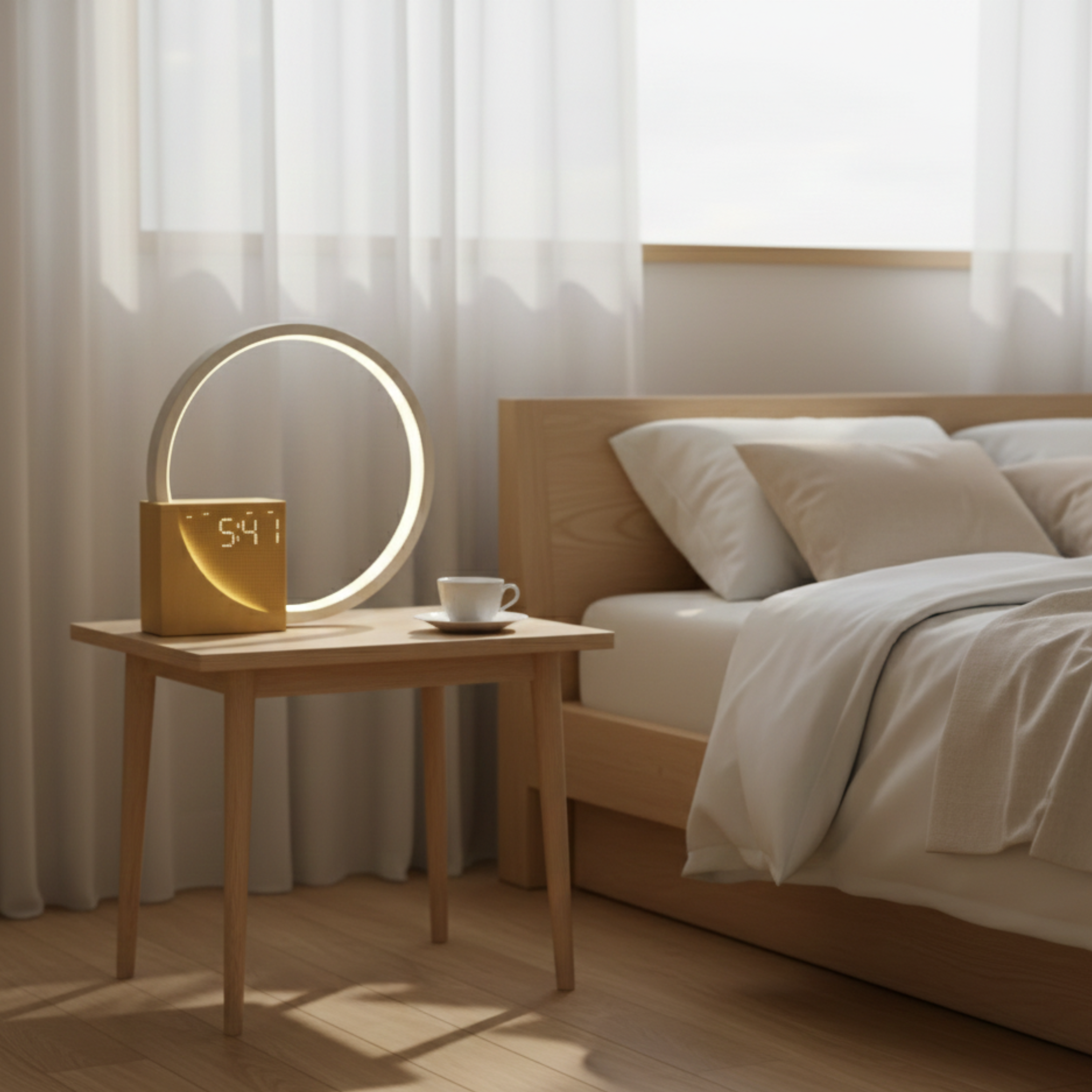 Lampada da tavolo LED ad anello in legno e alluminio con sveglia e controllo touch