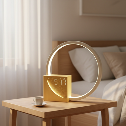 Lampada da tavolo LED ad anello in legno e alluminio con sveglia e controllo touch