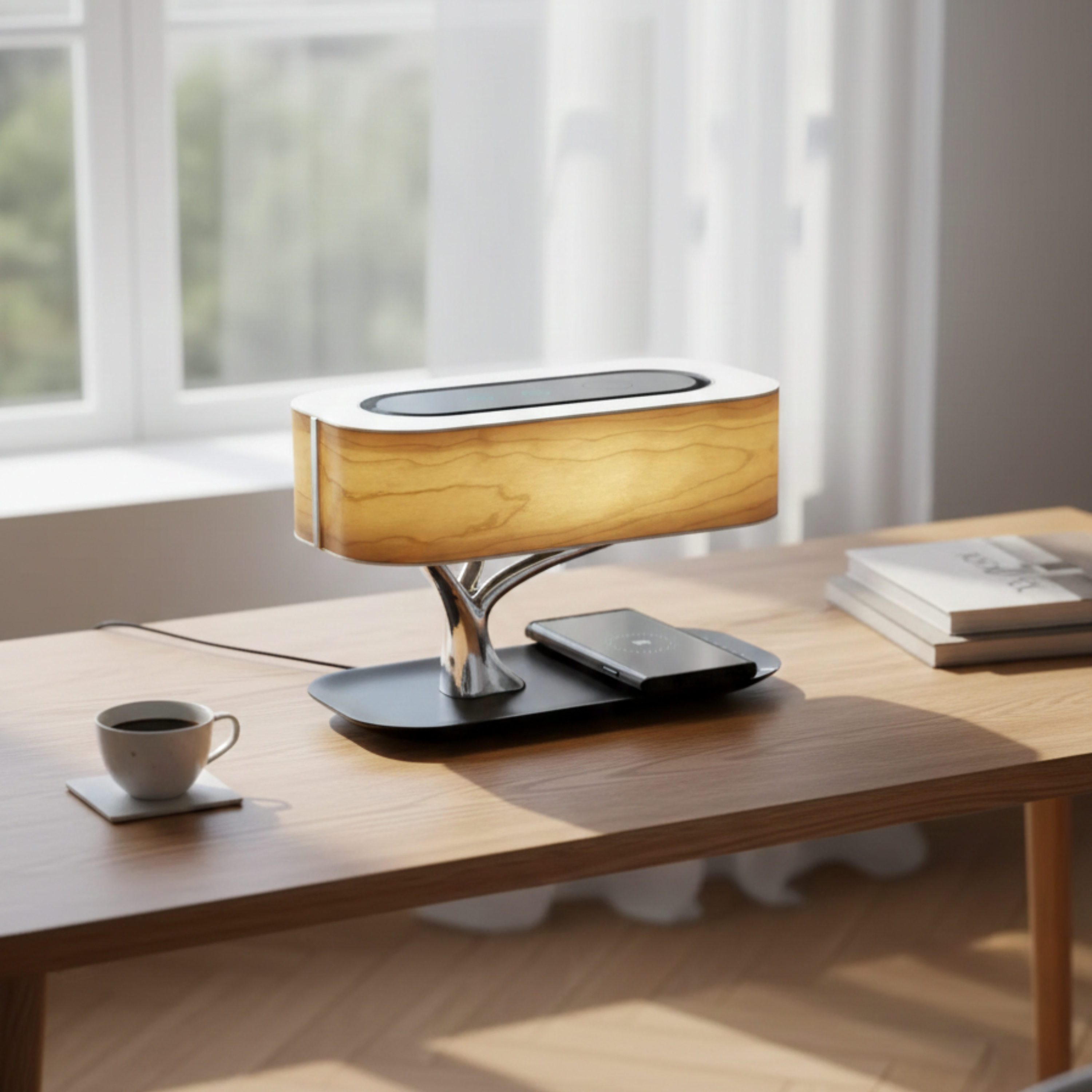 Lampada da tavolo LED dimmerabile touch in legno a forma di albero con base di ricarica wireless
