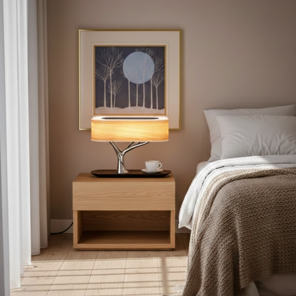 Lampada da tavolo LED dimmerabile touch in legno a forma di albero con base di ricarica wireless