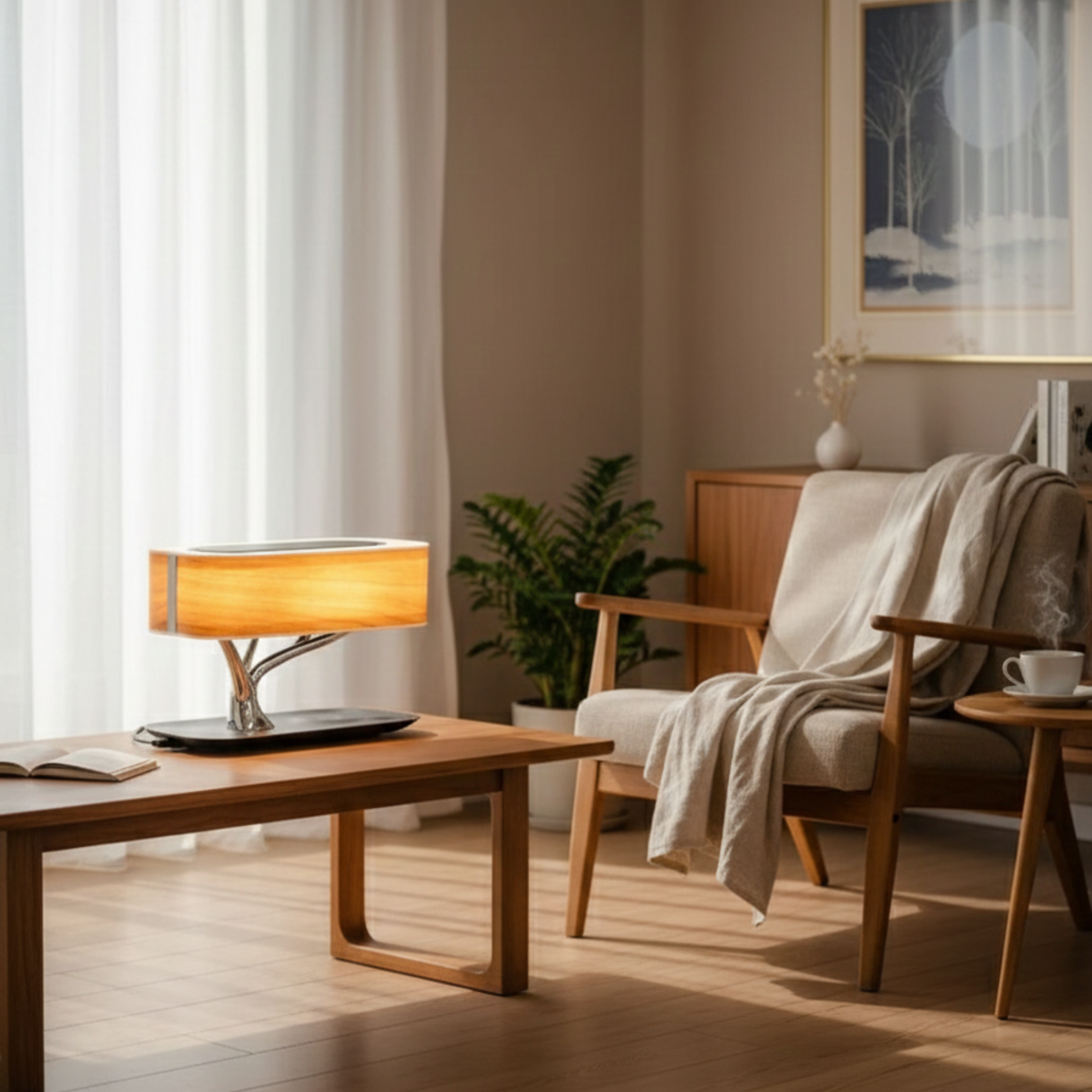 Lampada da tavolo LED dimmerabile touch in legno a forma di albero con base di ricarica wireless