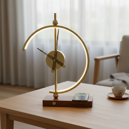 Lampada da tavolo LED oro con orologio e base di ricarica wireless Qi