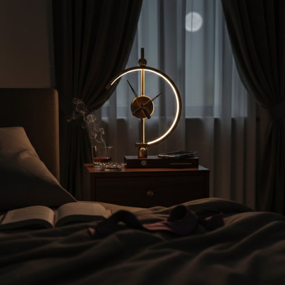 Lampada da tavolo LED oro con orologio e base di ricarica wireless Qi