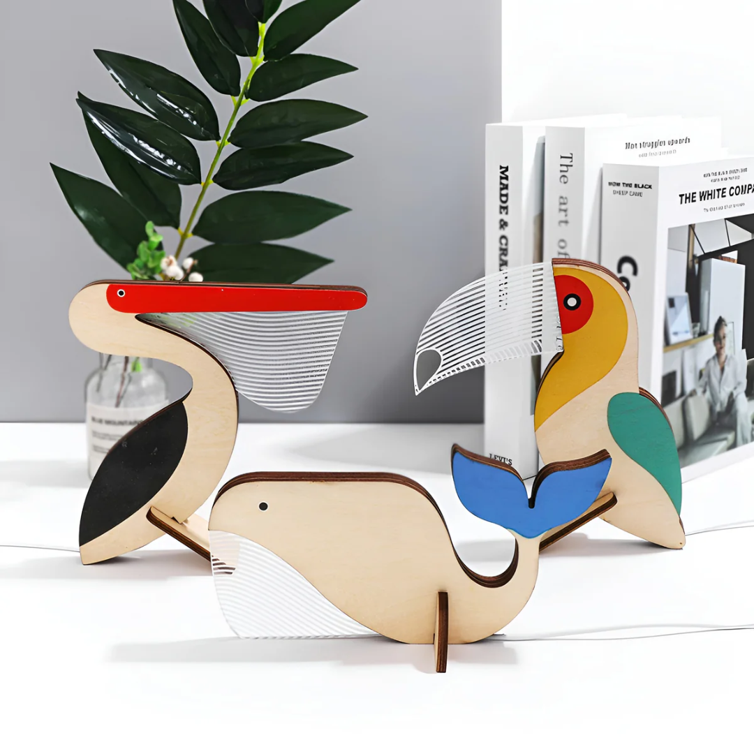 Lampada da tavolo nordica in legno a forma di animale, LED bianco caldo con USB