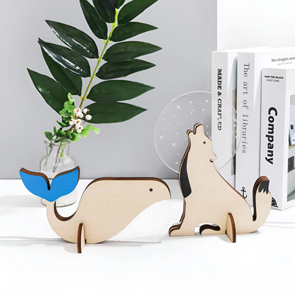 Lampada da tavolo nordica in legno a forma di animale, LED bianco caldo con USB