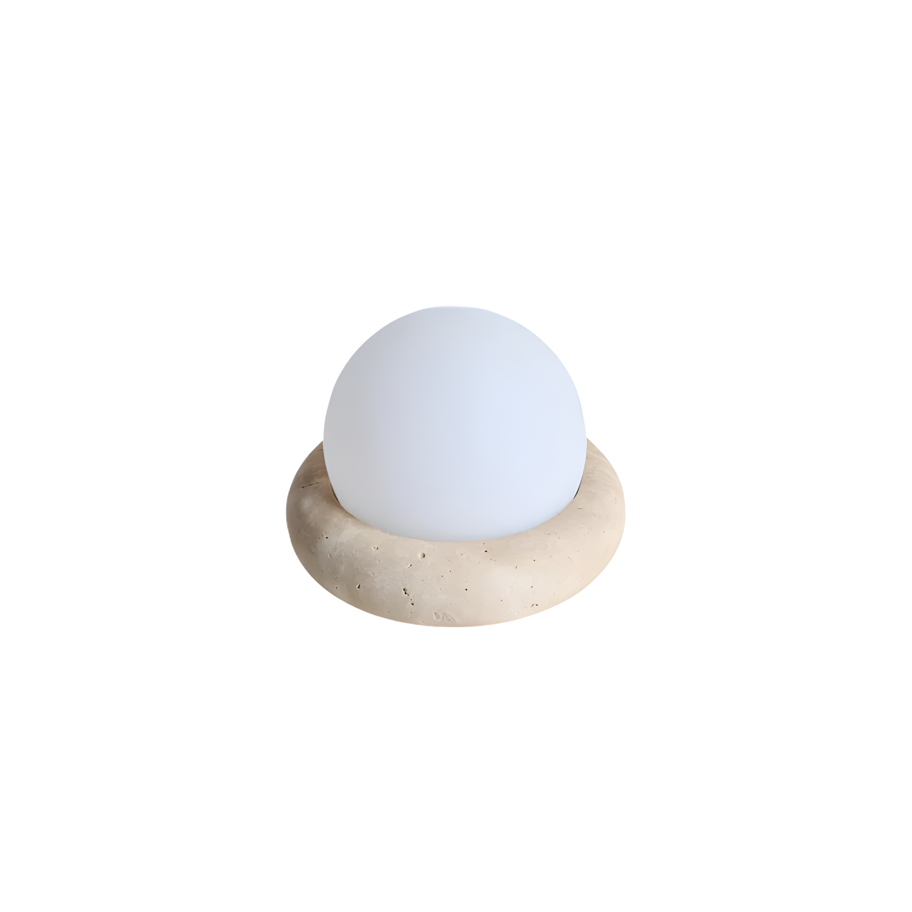 Lampada da tavolo wabi sabi in travertino con globo in vetro bianco da comodino