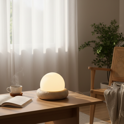 Lampada da tavolo wabi sabi in travertino con globo in vetro bianco da comodino