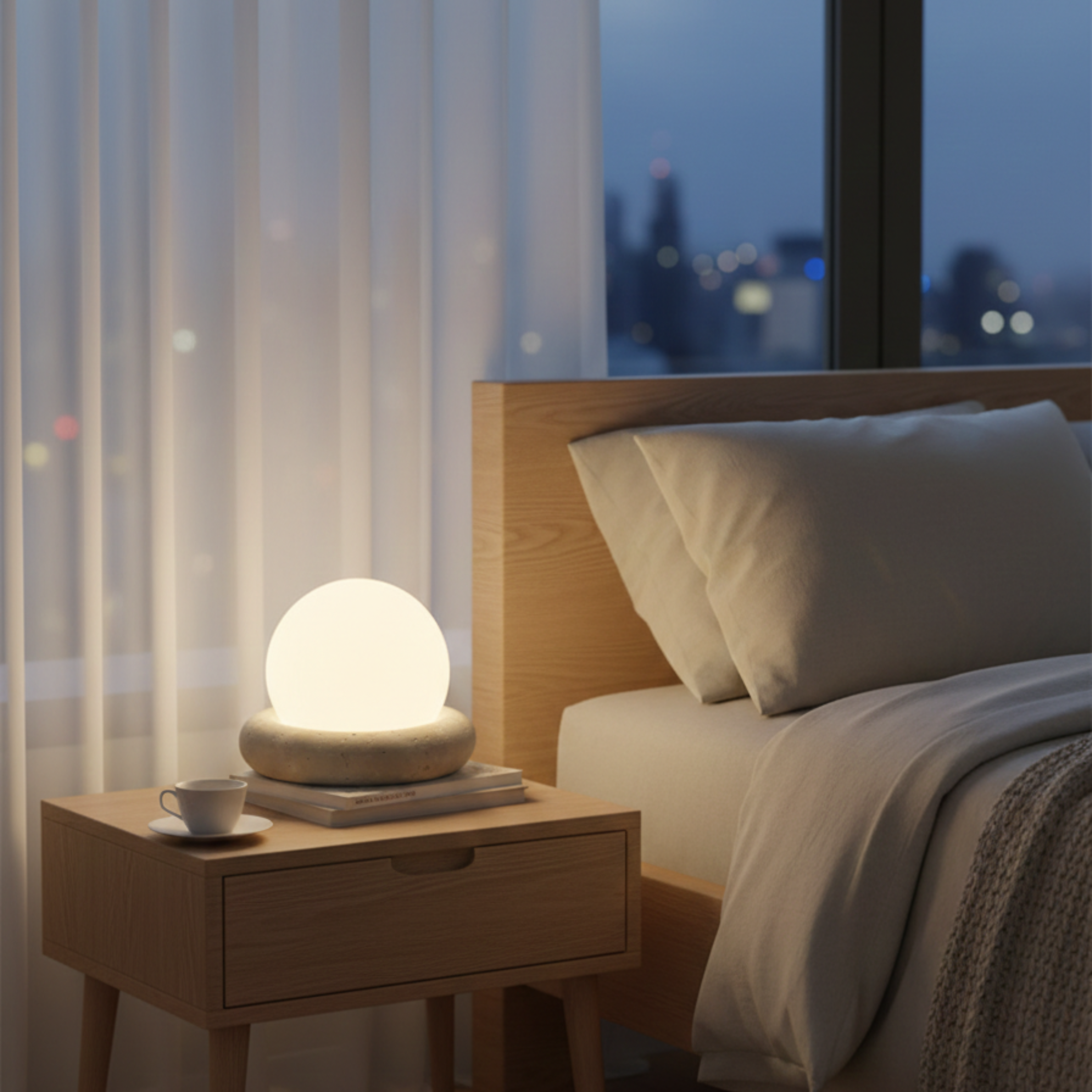 Lampada da tavolo wabi sabi in travertino con globo in vetro bianco da comodino