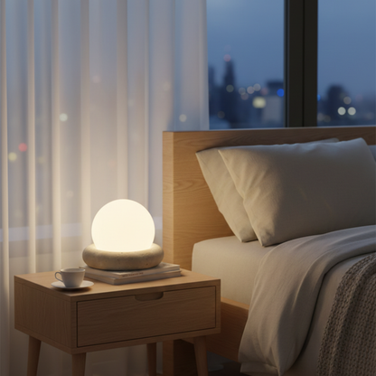 Lampada da tavolo wabi sabi in travertino con globo in vetro bianco da comodino