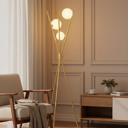 Lampada da terra a treppiede dimmerabile mid century color ottone con tre globi