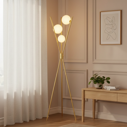 Lampada da terra a treppiede dimmerabile mid century color ottone con tre globi