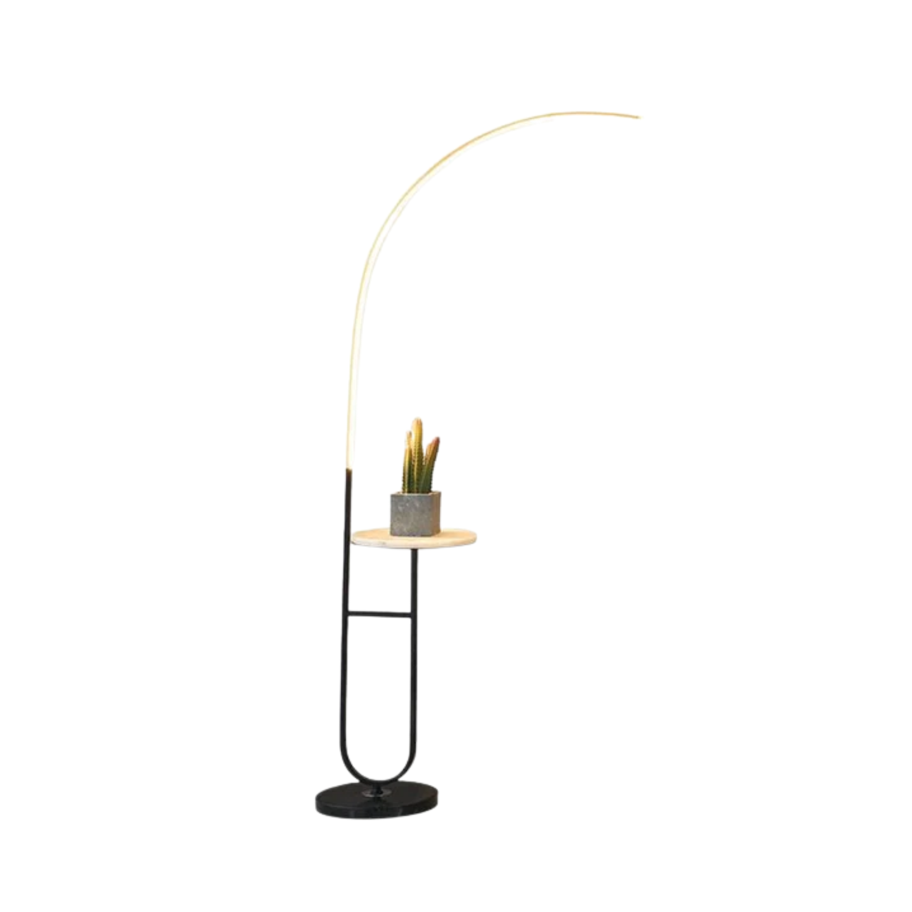 Lampada da terra ad arco nera con tavolino integrato e luce LED