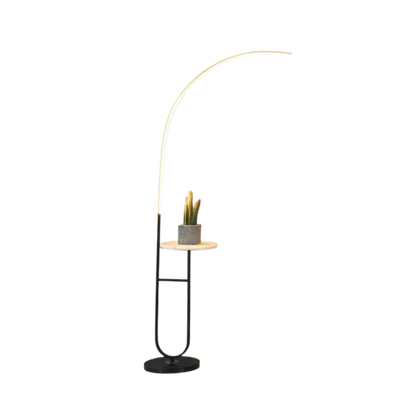 Lampada da terra ad arco nera con tavolino integrato e luce LED