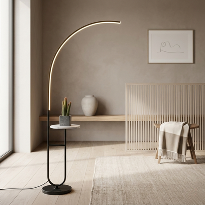 Lampada da terra ad arco nera con tavolino integrato e luce LED