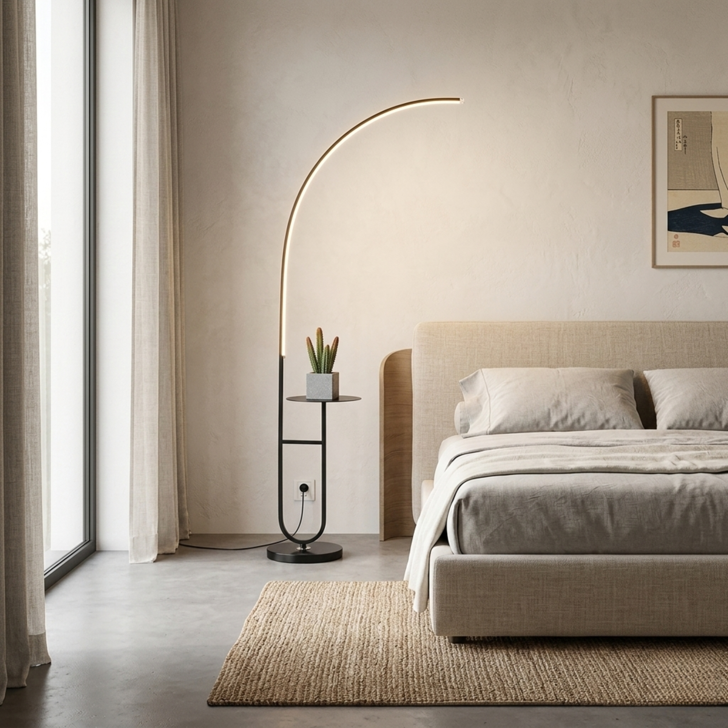 Lampada da terra ad arco nera con tavolino integrato e luce LED