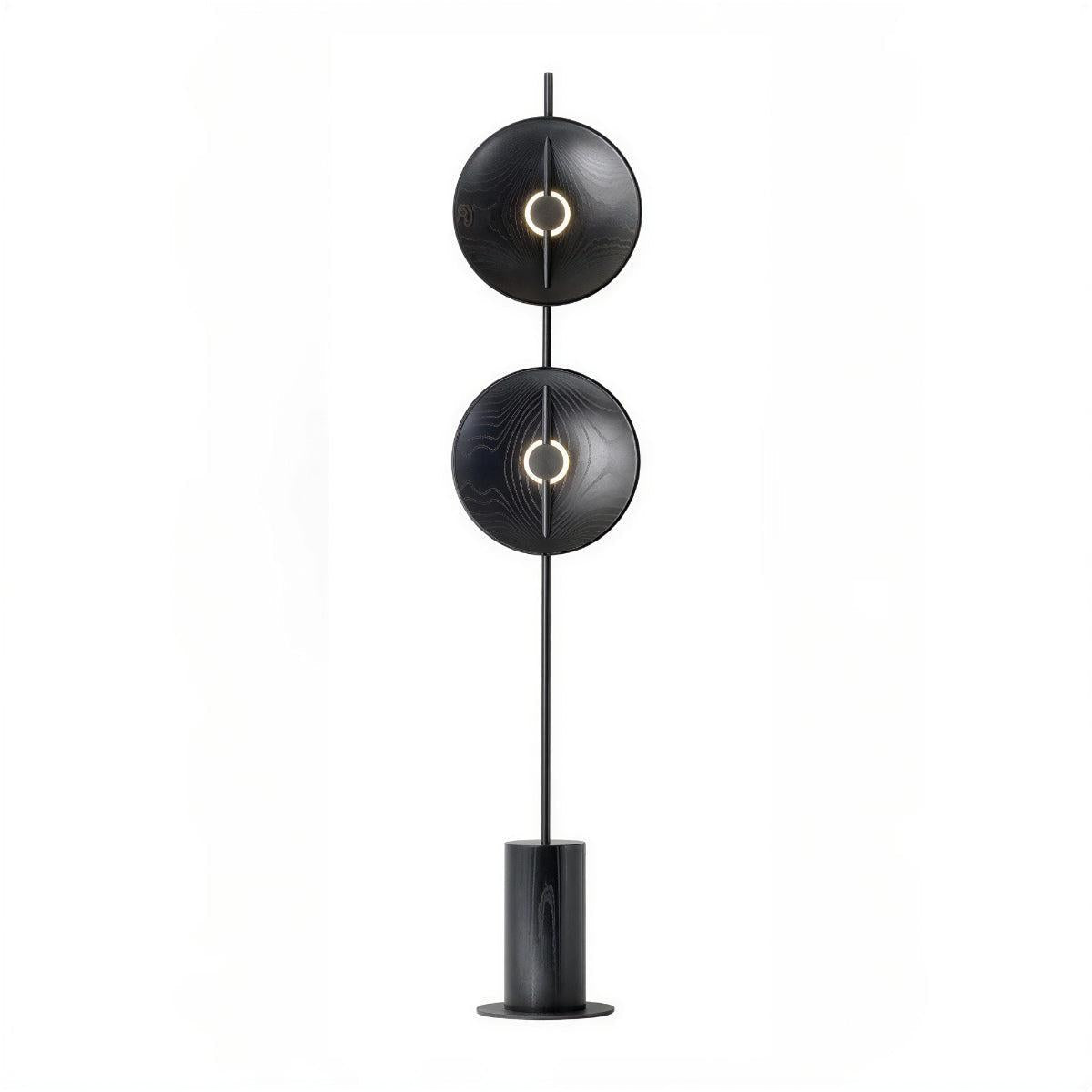 Lampada da terra contemporanea in ferro e legno con doppio disco scultoreo