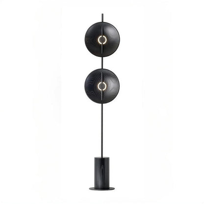Lampada da terra contemporanea in ferro e legno con doppio disco scultoreo