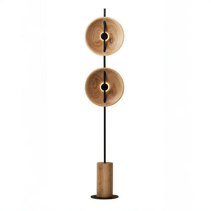 Lampada da terra contemporanea in ferro e legno con doppio disco scultoreo