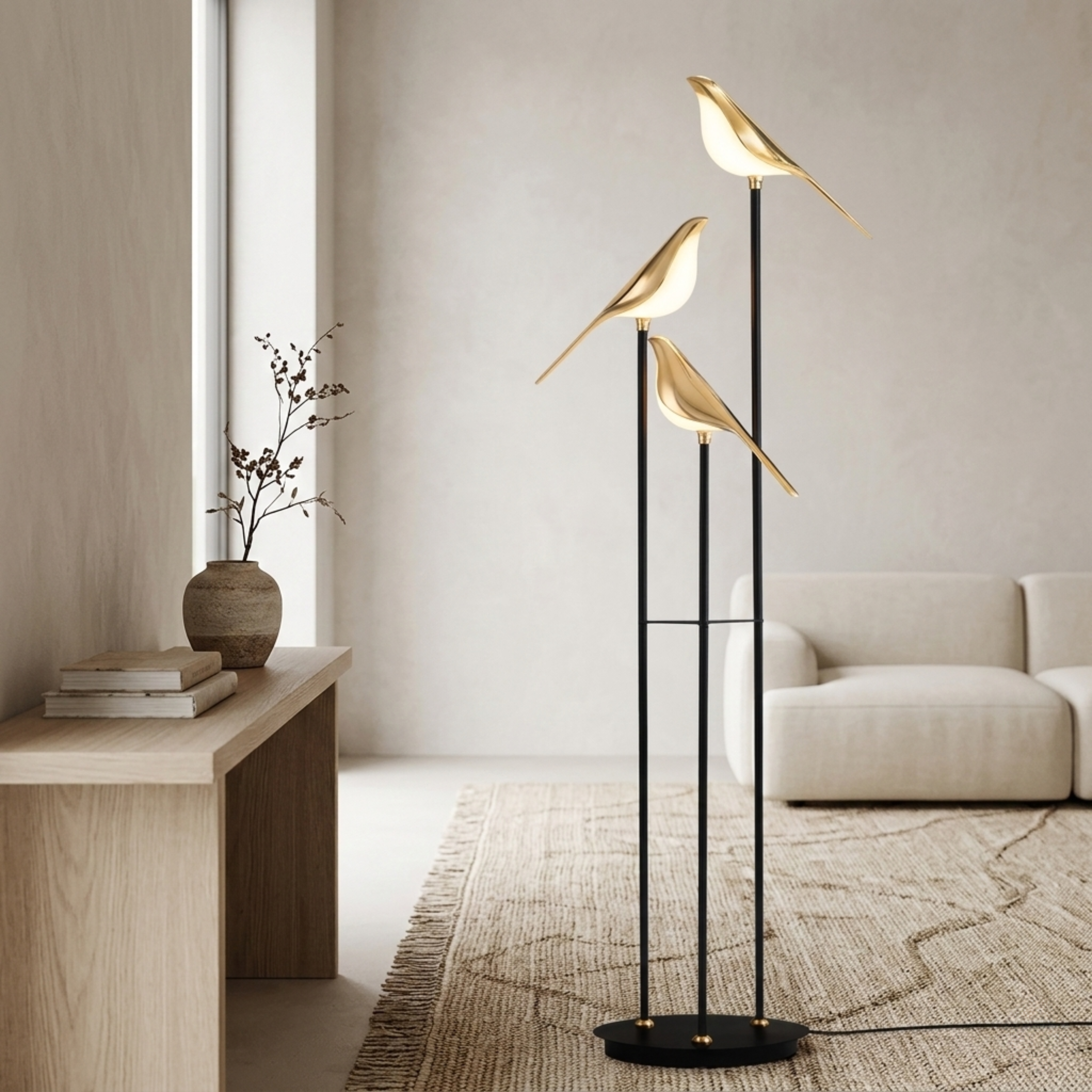 Lampada da terra in metallo nero con tre uccelli luminosi color oro