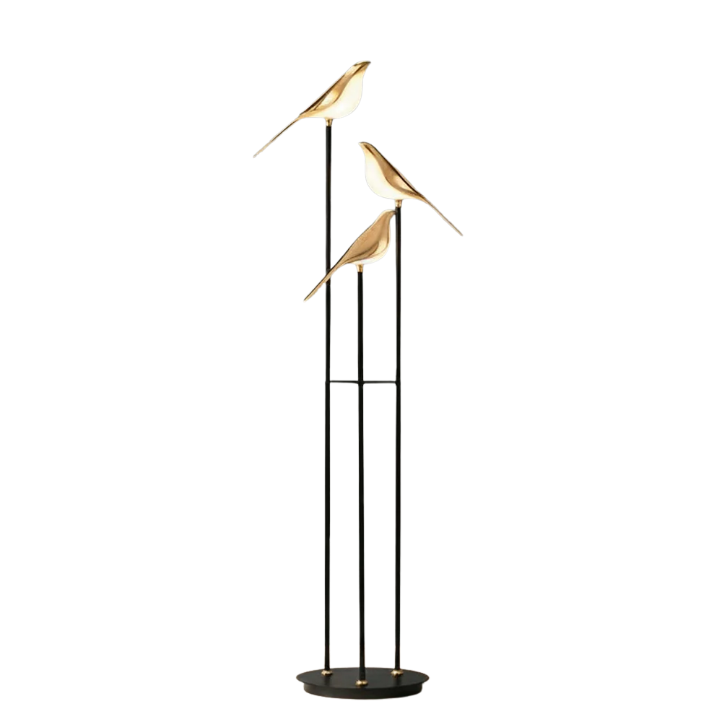 Lampada da terra in metallo nero con tre uccelli luminosi color oro