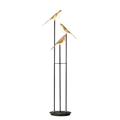 Lampada da terra in metallo nero con tre uccelli luminosi color oro