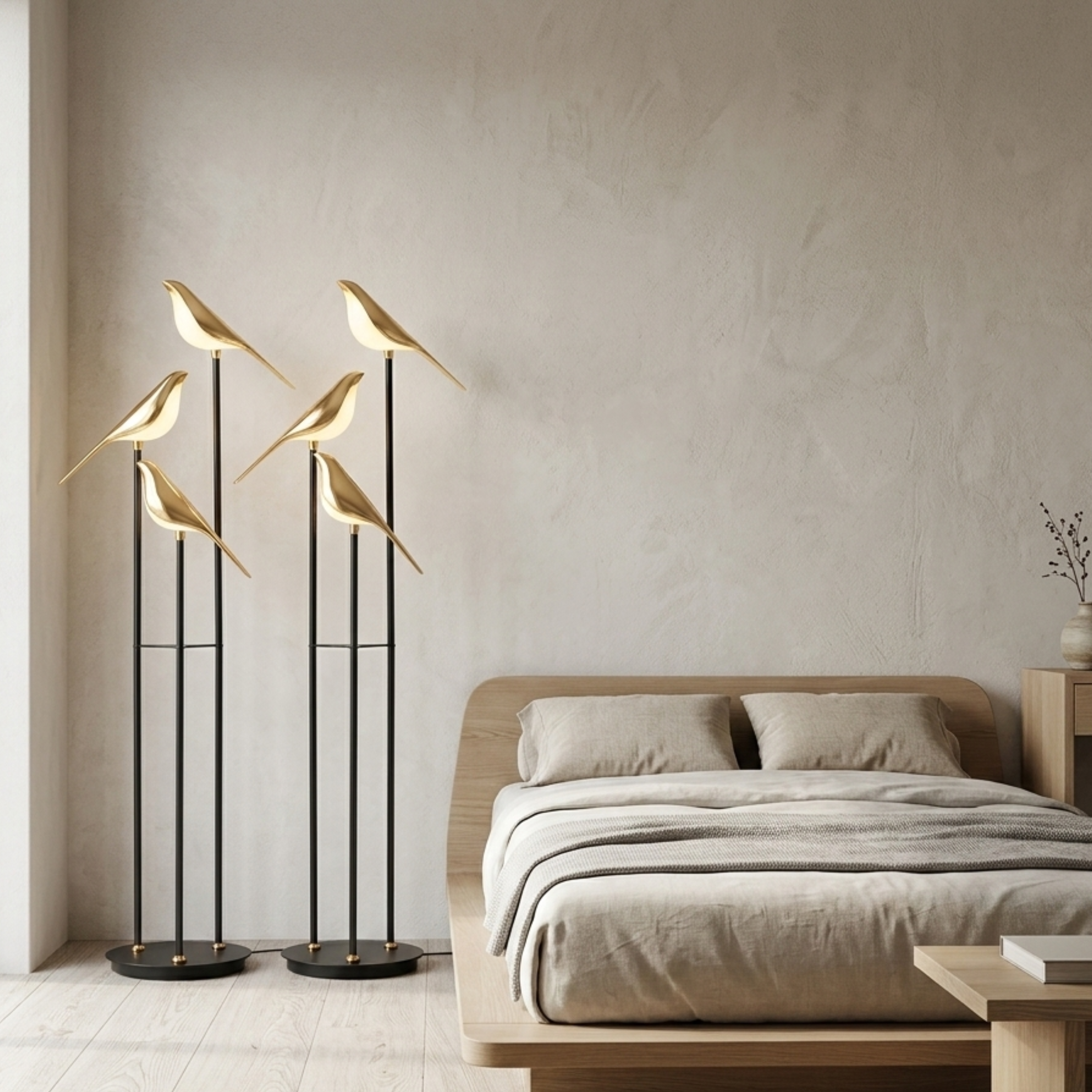 Lampada da terra in metallo nero con tre uccelli luminosi color oro