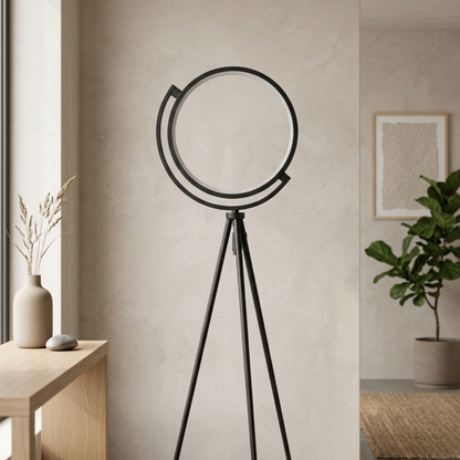 Lampada da terra LED ad anello in alluminio nero minimalista con treppiede