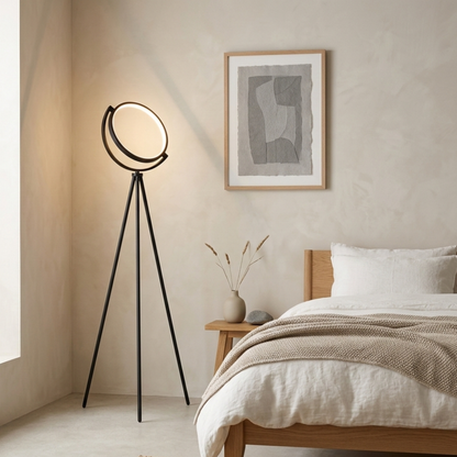 Lampada da terra LED ad anello in alluminio nero minimalista con treppiede