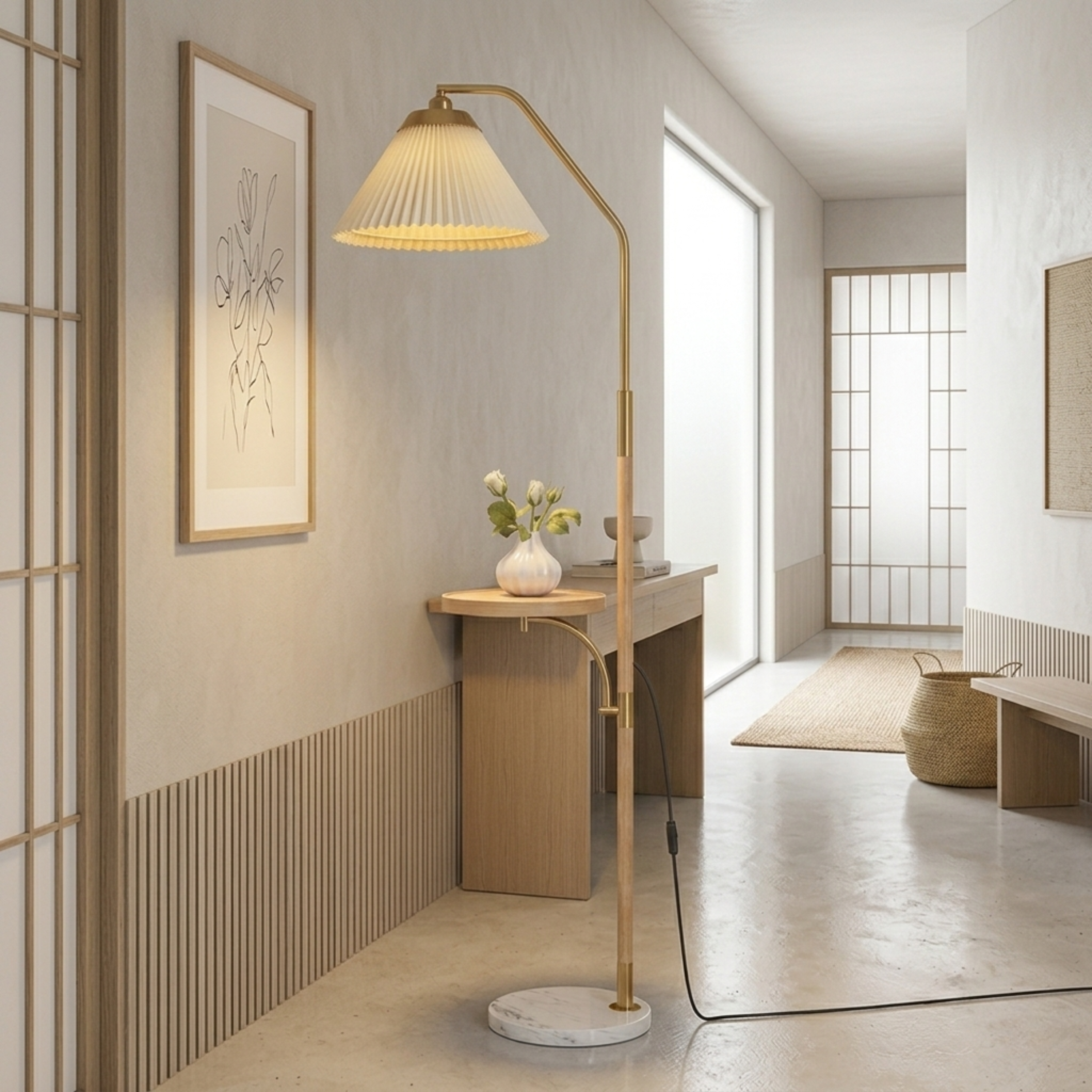 Lampada da terra LED japandi con paralume plissettato e tavolino, finitura effetto legno