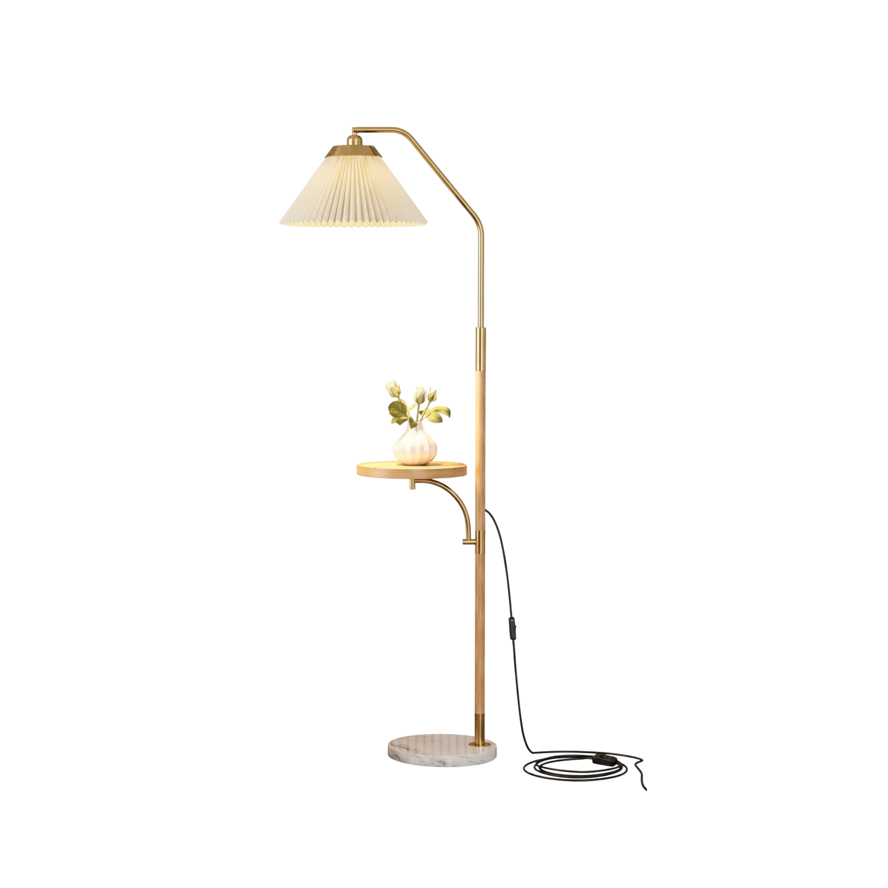 Lampada da terra LED japandi con paralume plissettato e tavolino, finitura effetto legno