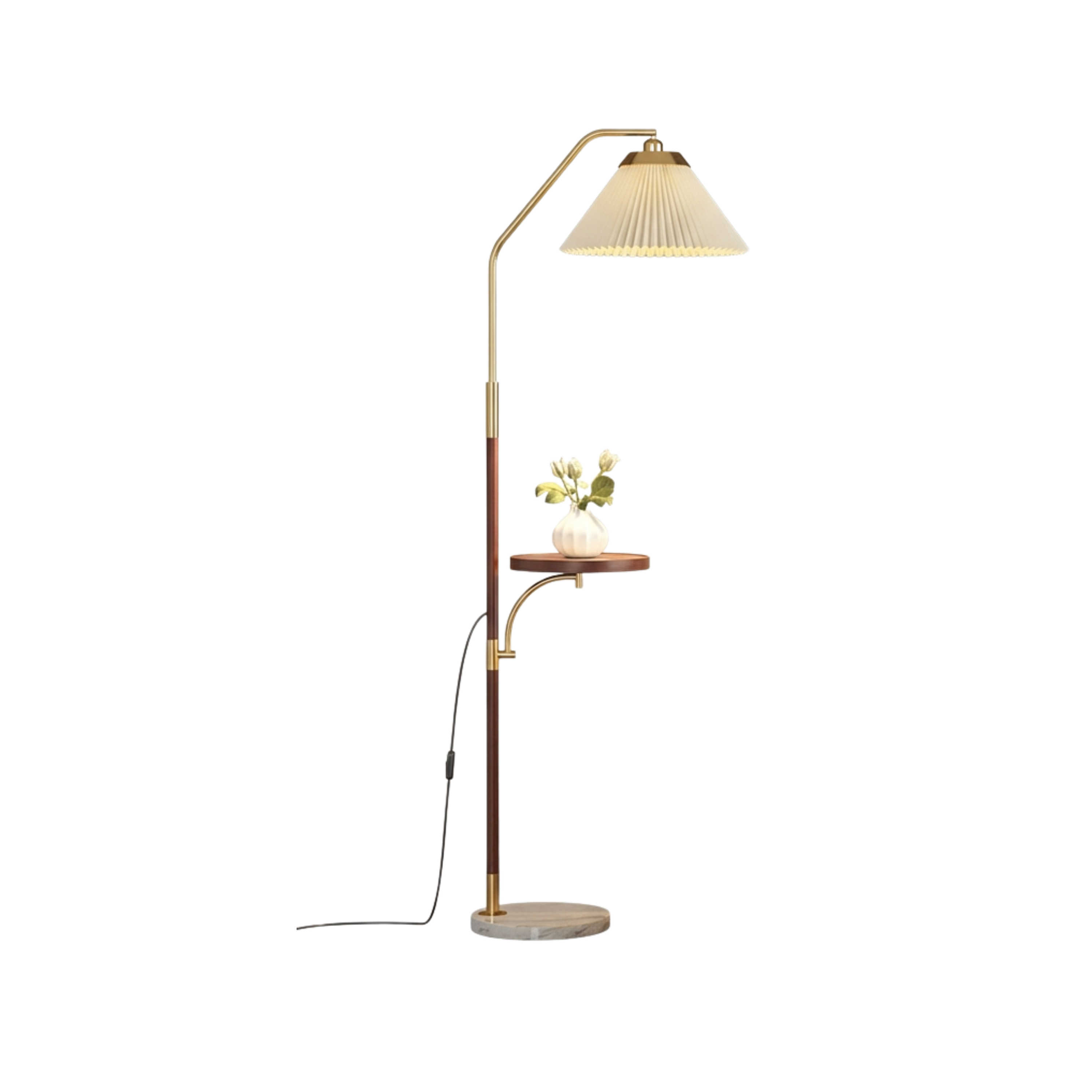 Lampada da terra LED japandi con paralume plissettato e tavolino, finitura effetto legno