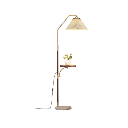 Lampada da terra LED japandi con paralume plissettato e tavolino, finitura effetto legno