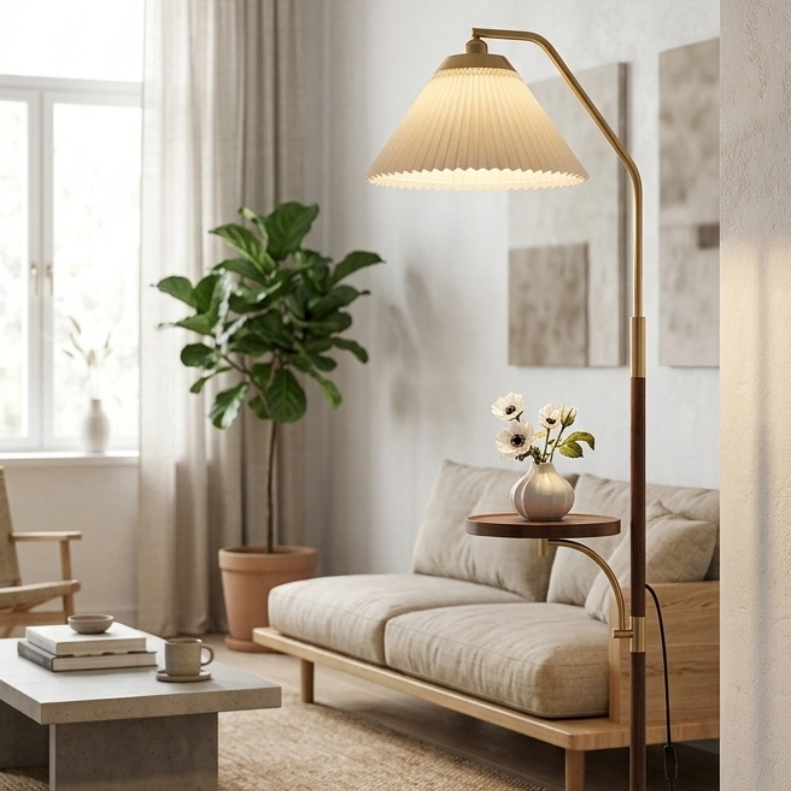 Lampada da terra LED japandi con paralume plissettato e tavolino, finitura effetto legno