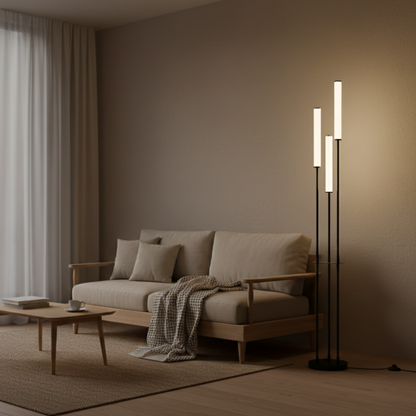 Lampada da terra LED nera a tre luci dimmerabile in alluminio, moderna e minimalista con telecomando