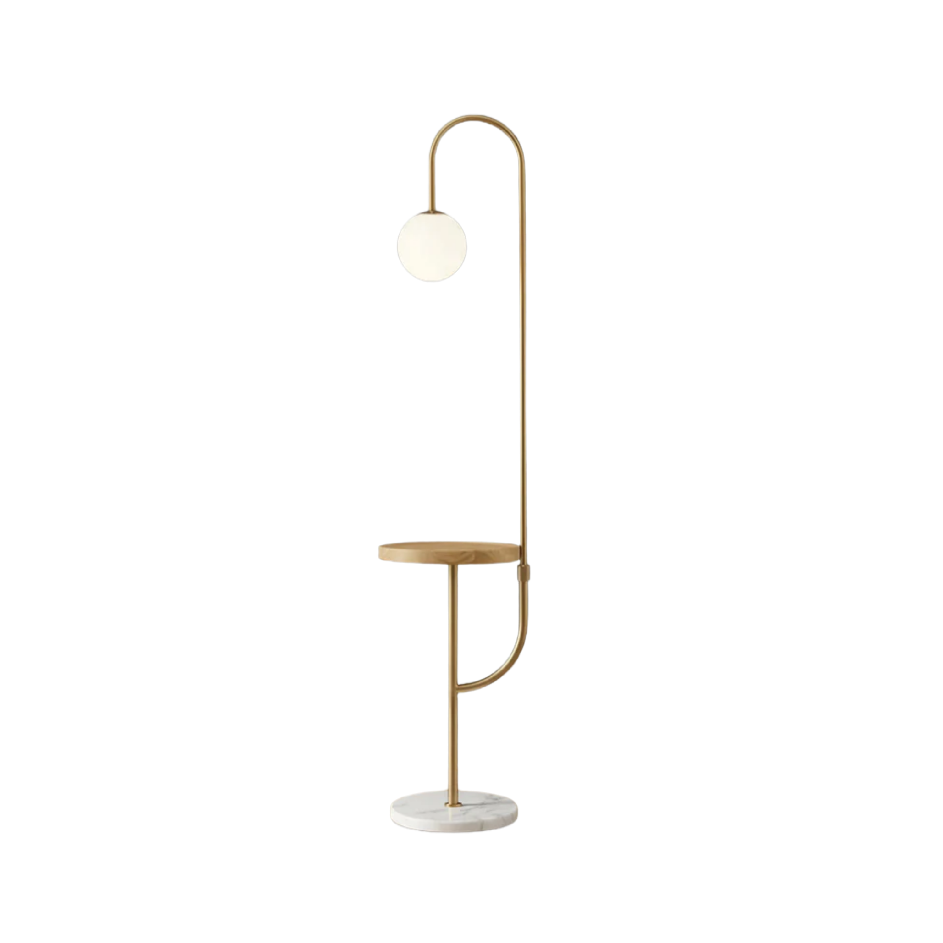 Lampada da terra moderna oro con tavolino in legno, ricarica wireless e base in marmo