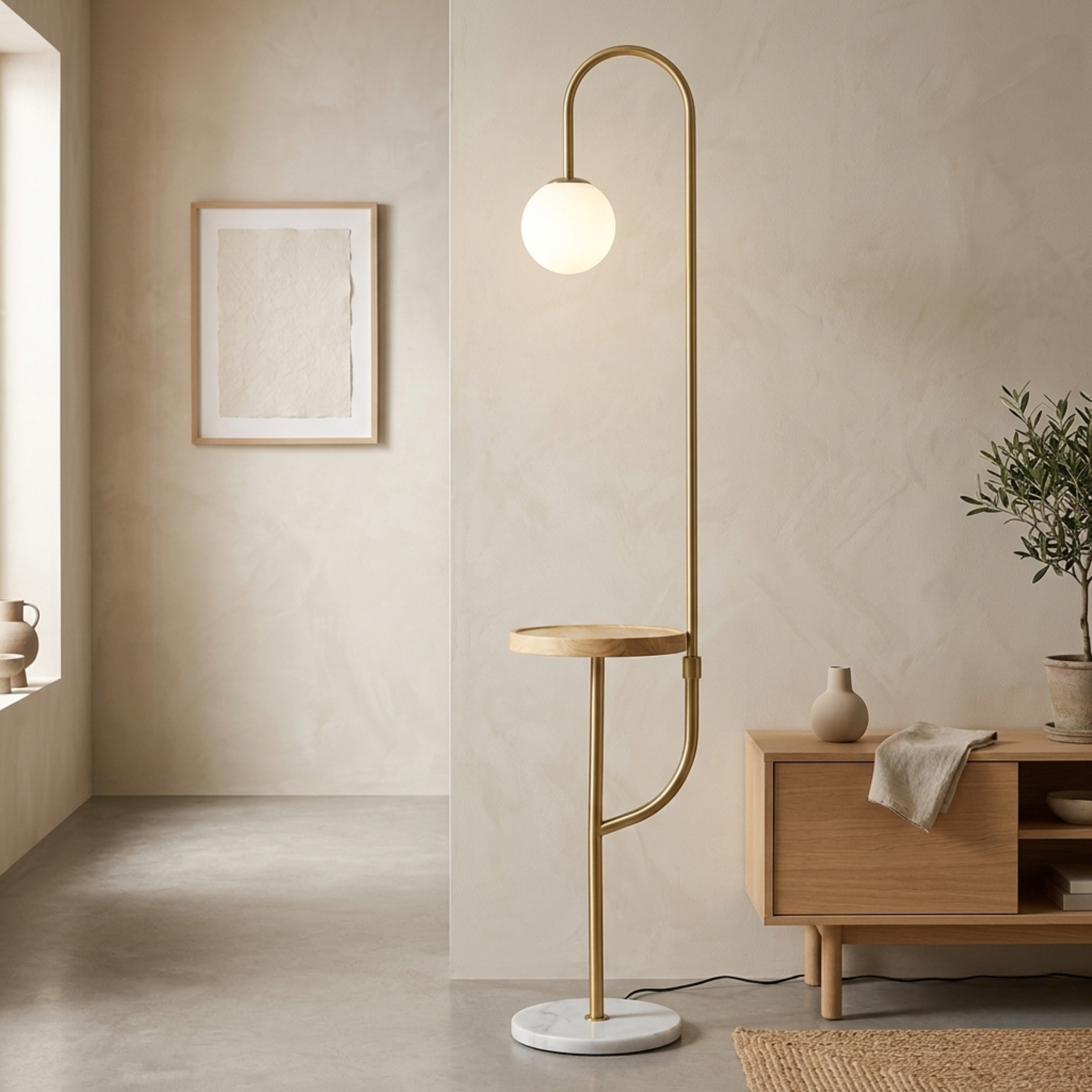 Lampada da terra moderna oro con tavolino in legno, ricarica wireless e base in marmo