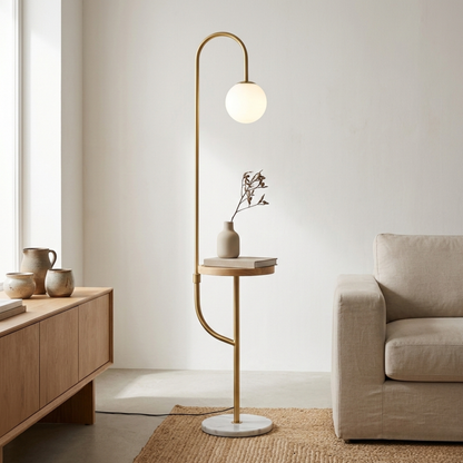Lampada da terra moderna oro con tavolino in legno, ricarica wireless e base in marmo