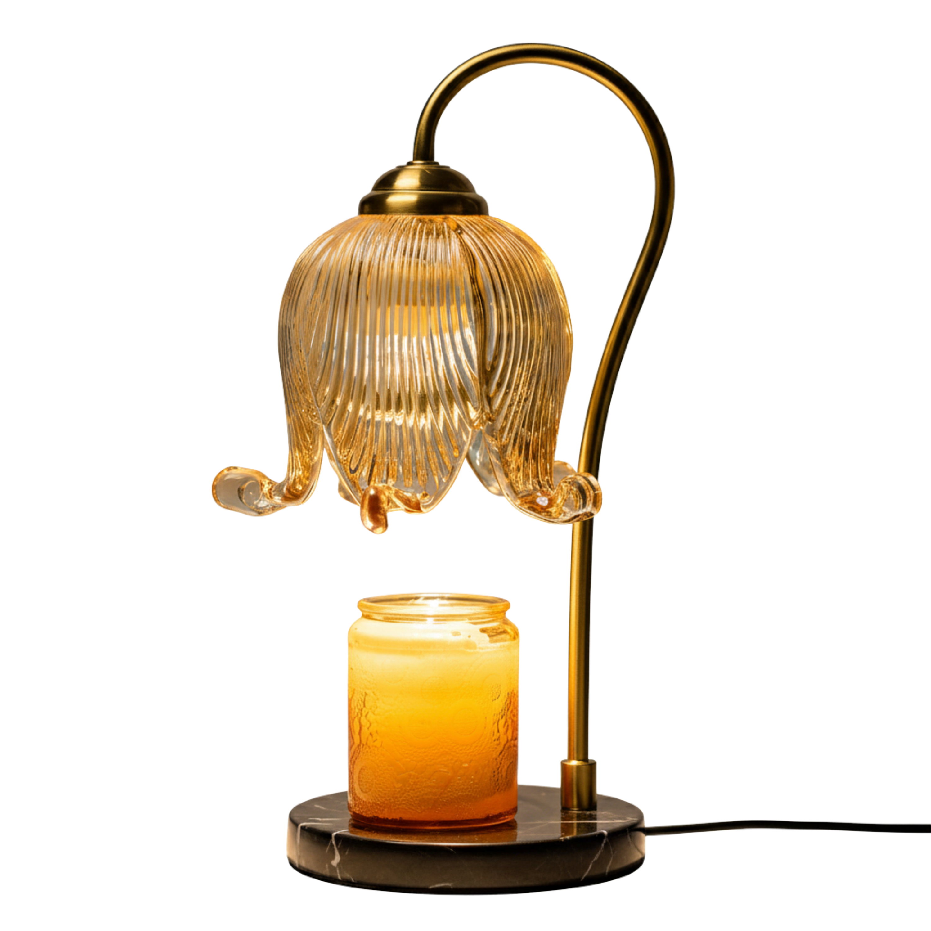Lampada scaldacandela vintage a tulipano in vetro rigato, lampada da tavolo senza fiamma